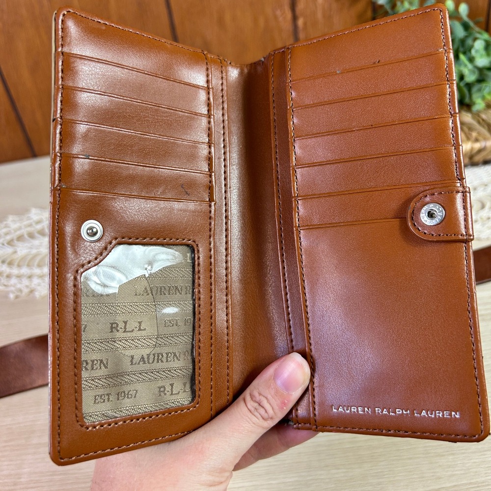 Vintage Lauren Ralph Lauren Patent Leather Bi Fold Wallet Tan Clutch Card Holder - Picture 7 of 10